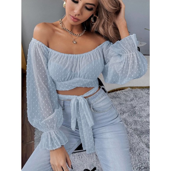 Swiss Dot Tie Front Crop Top long sleeve blouse boho white - Picture 11 of 11